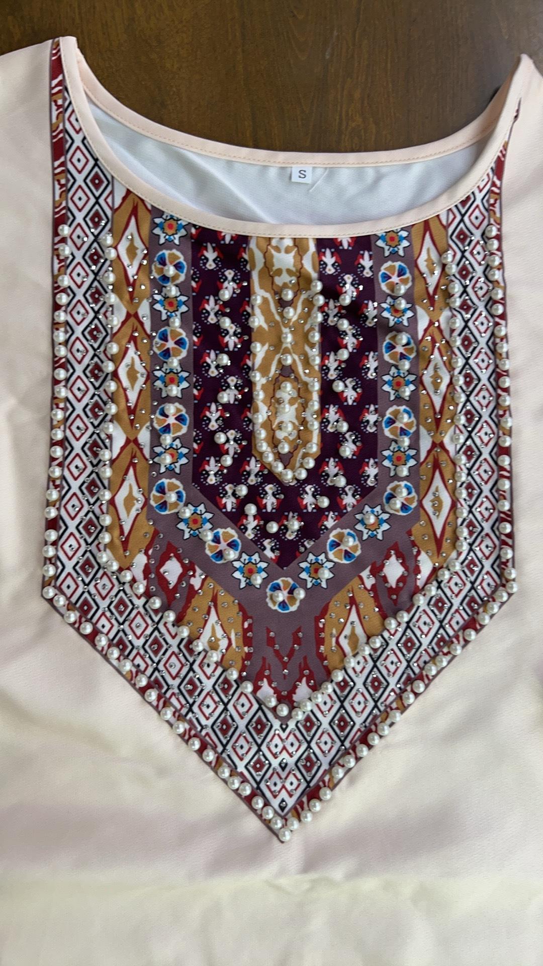 Muslim Dress Round Neck Printed Rhinestone Beaded Loose A-Line Long Robe