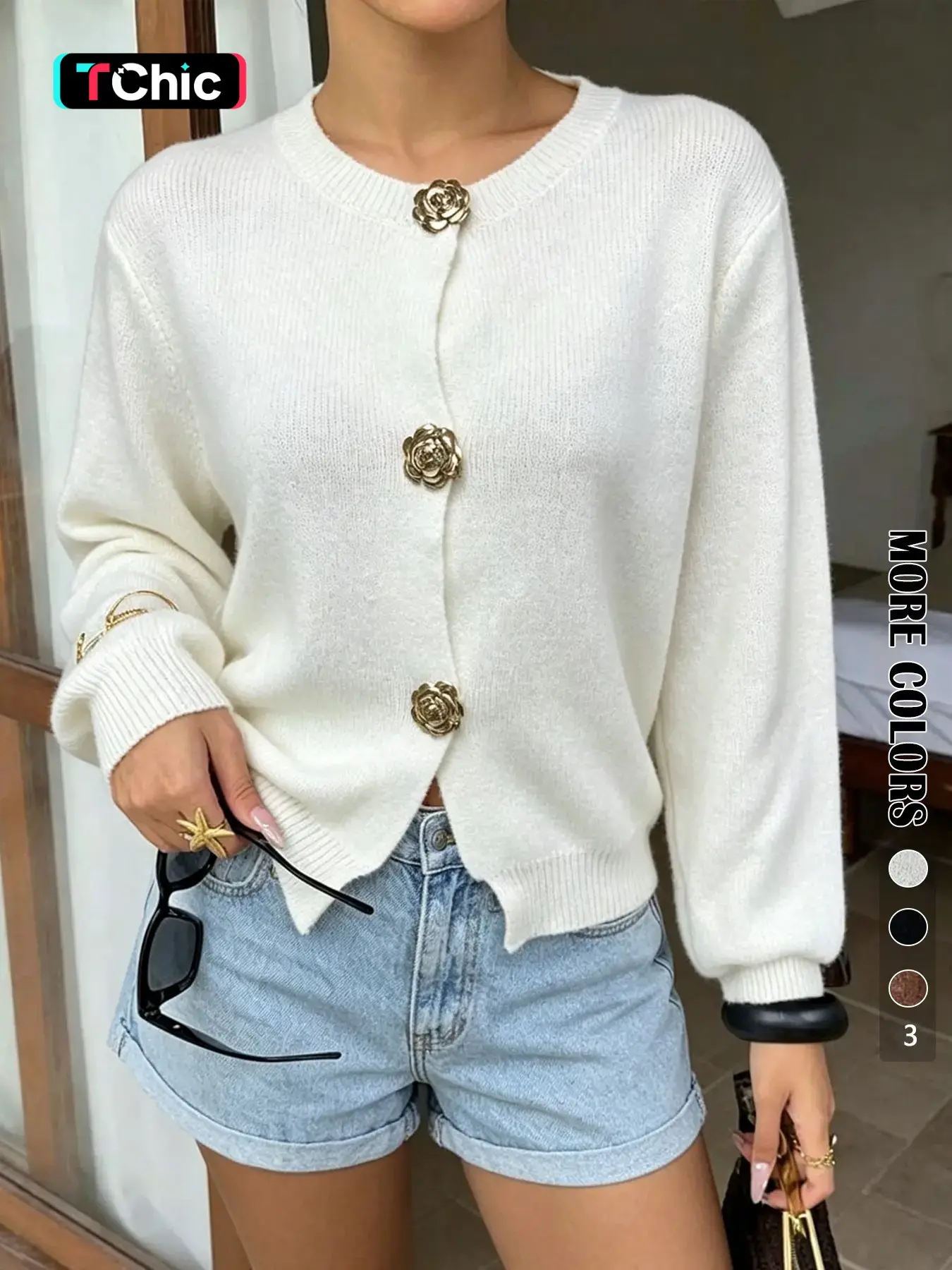 Autumn Winter Minimalist Metal Large Button Solid Color Open Front Shirt, Fashionable Elegant Casual Long Sleeve Sweater Coat