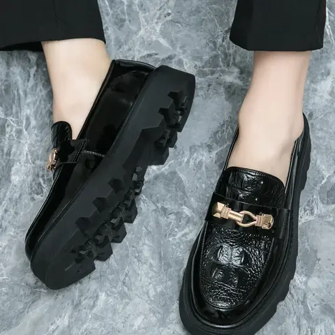 Men's PU Leather Formal Shoes, Round Toe, Medium Width, Casual Style, All Seasons, Plain Pattern, Thick Sole, Slip-On Design, Pu Leather Footwear