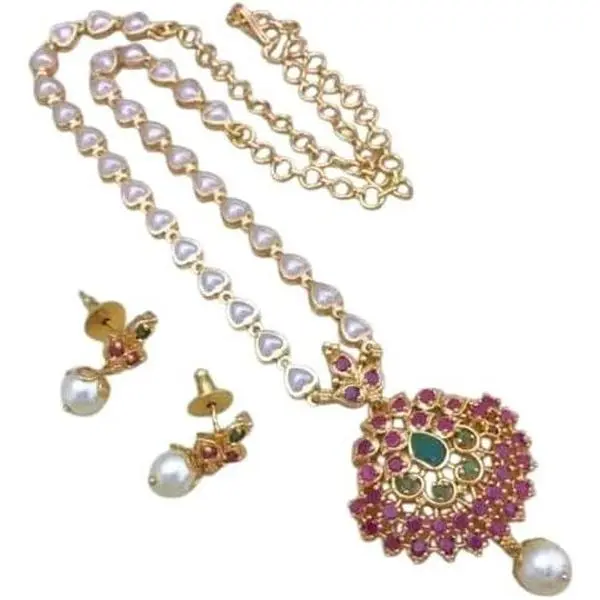 South Indian Golden Long Necklace Pendant Temple Jewellery Ethnic Antique Traditional  Multi Kundan Necklace Earring Set