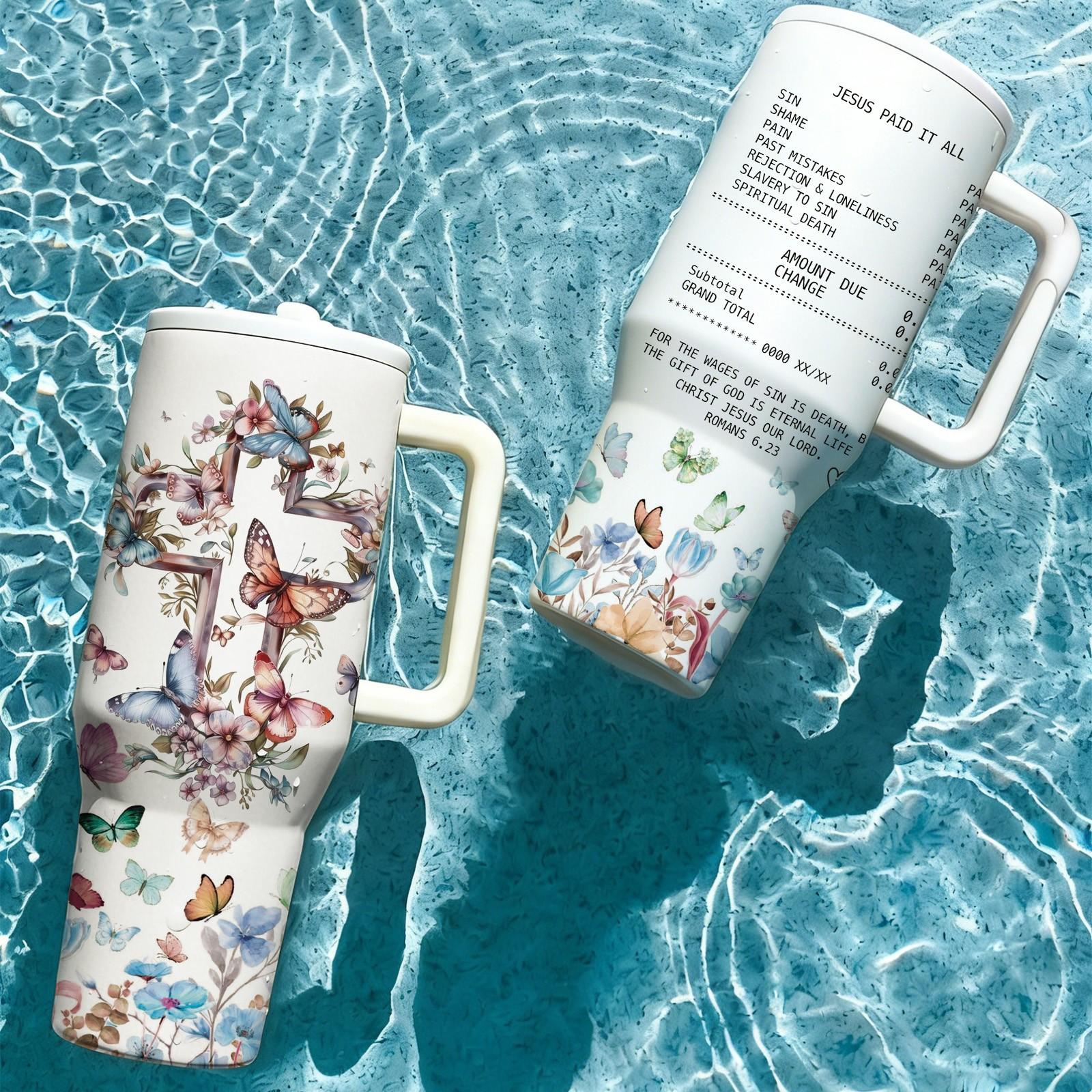 1 Pc 40oz insulated mug Tumbler, Christian Bible verse floral cross butterfly design, double wall vacuum insulated, leak proof lid with handle, keeps hot 12 hours and cold 24 hours, for hot cold drinks, office travel gym, faith gift for women men, holiday