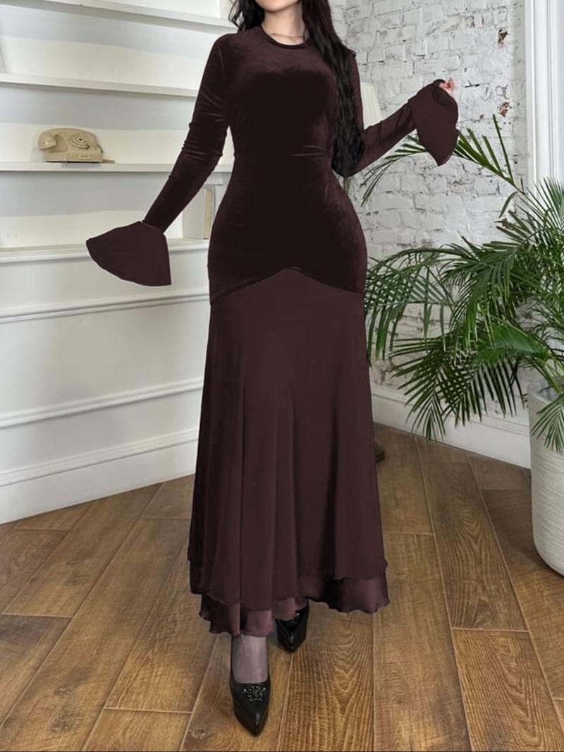 Fashion Elegant Flare Sleeve Lace-Up Bodycon Dress, Long Sleeve Casual Fall Dress, Plain Pattern, Slender-Fitting Design