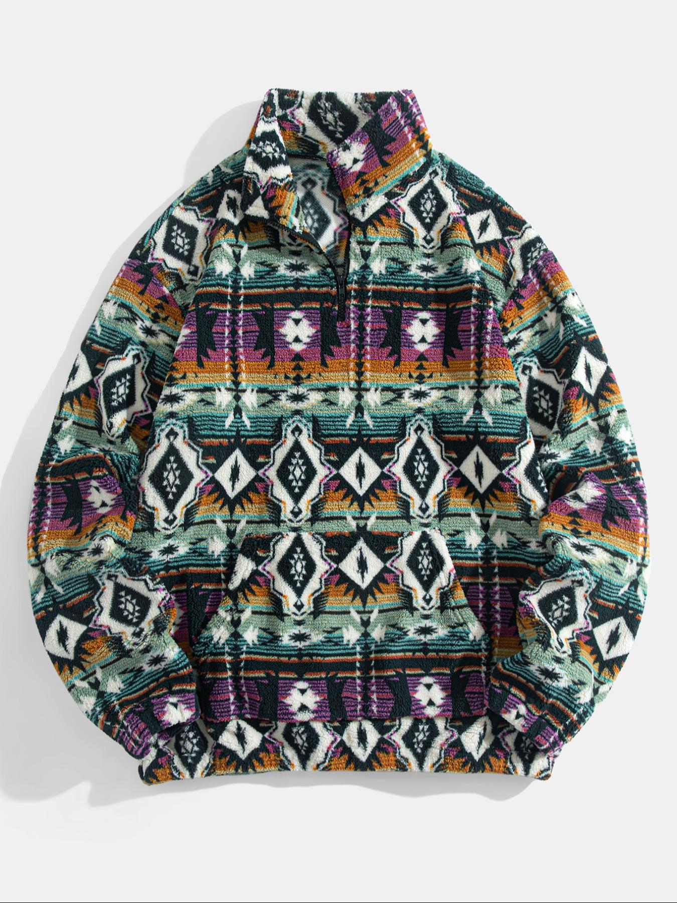 Men's Fleece Half-Zip Sweatshirt, Fall Winter Warm Casual Ethnic Long Sleeve Top, Comfortable Stylish Wear