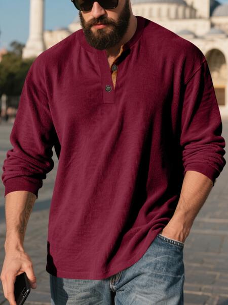 Men's Corduroy Long Sleeve Henley Shirt, Vintage Casual Loose Fit Top, Soft Comfortable Fabric for Spring & Fall Fashion