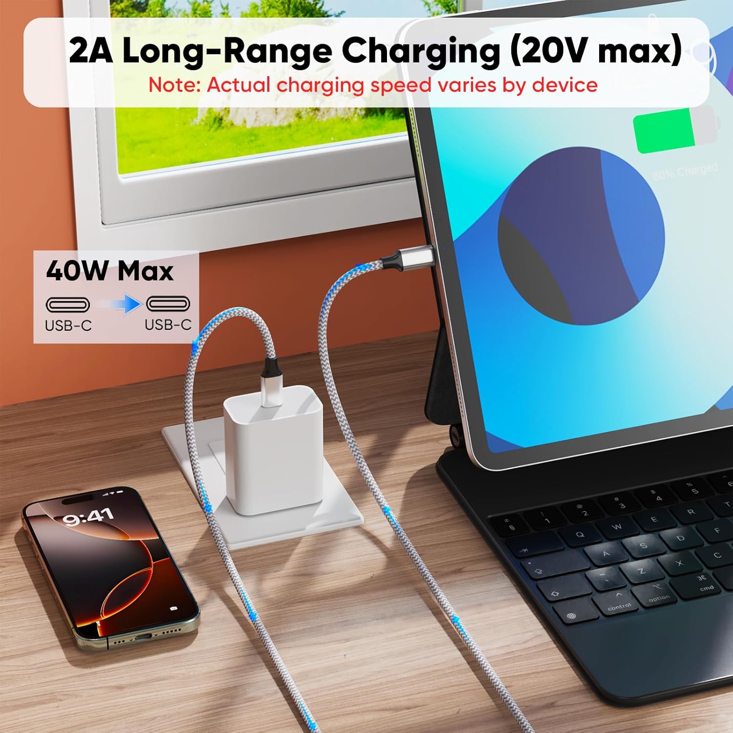 25 ft USB C  Extra Long 40W   Type C Cord, USBC 2.0 to USB-C  Charge for  17/16/15 Android Phone Tablet Camera  Cam Webcam  Controller