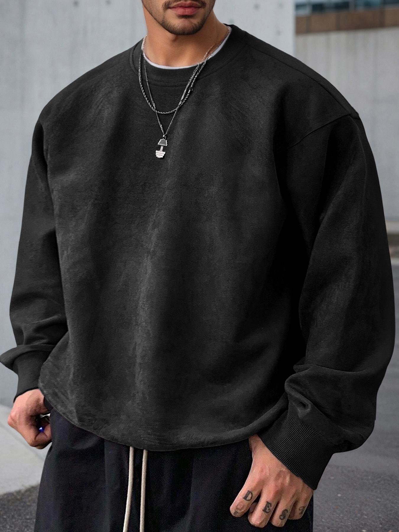 Men's Solid Color Plain Round Neck Drop Shoulder Long Sleeve Fleece Sweatshirt, Casual Fit for Fall & Winter, Comfortable Daily Wear