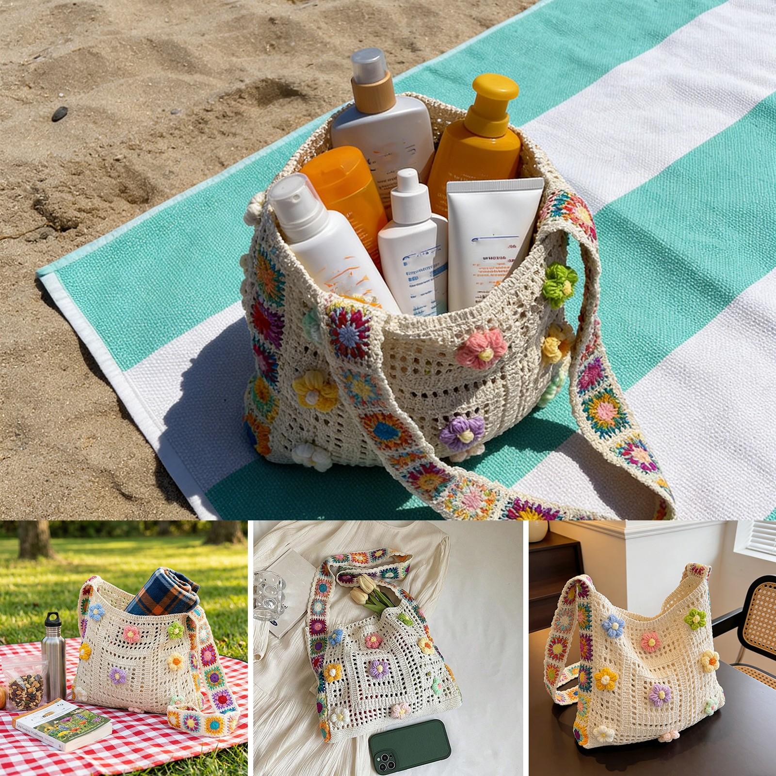 Handmade Crochet Hollow Flower Tote Bag, 5 Colors Available, Summer Fresh Weave Shoulder Bag, Beach Vacation Casual Large Capacity Crossbody Bag