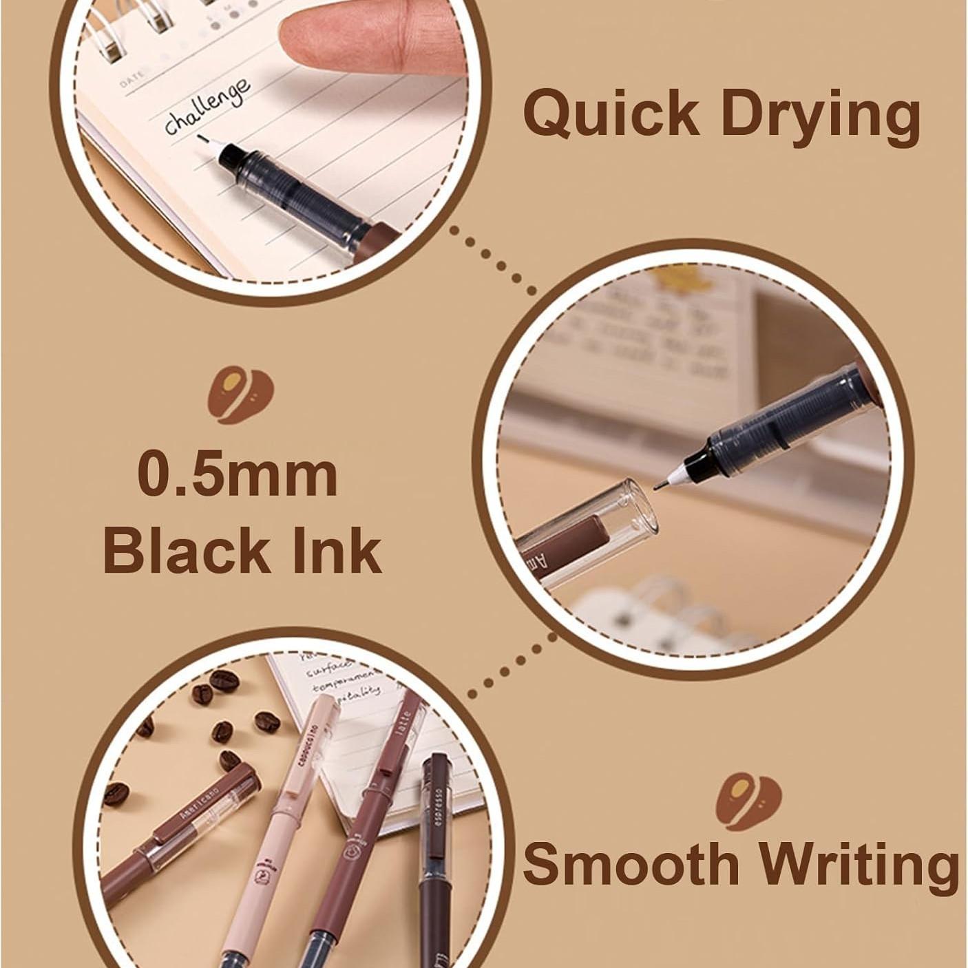 6pcs Coffee Theme Liquid Quick-Drying Ink Gel Pens, No smear Soft Touch Pens for Note taking Drawing School Office Supplies