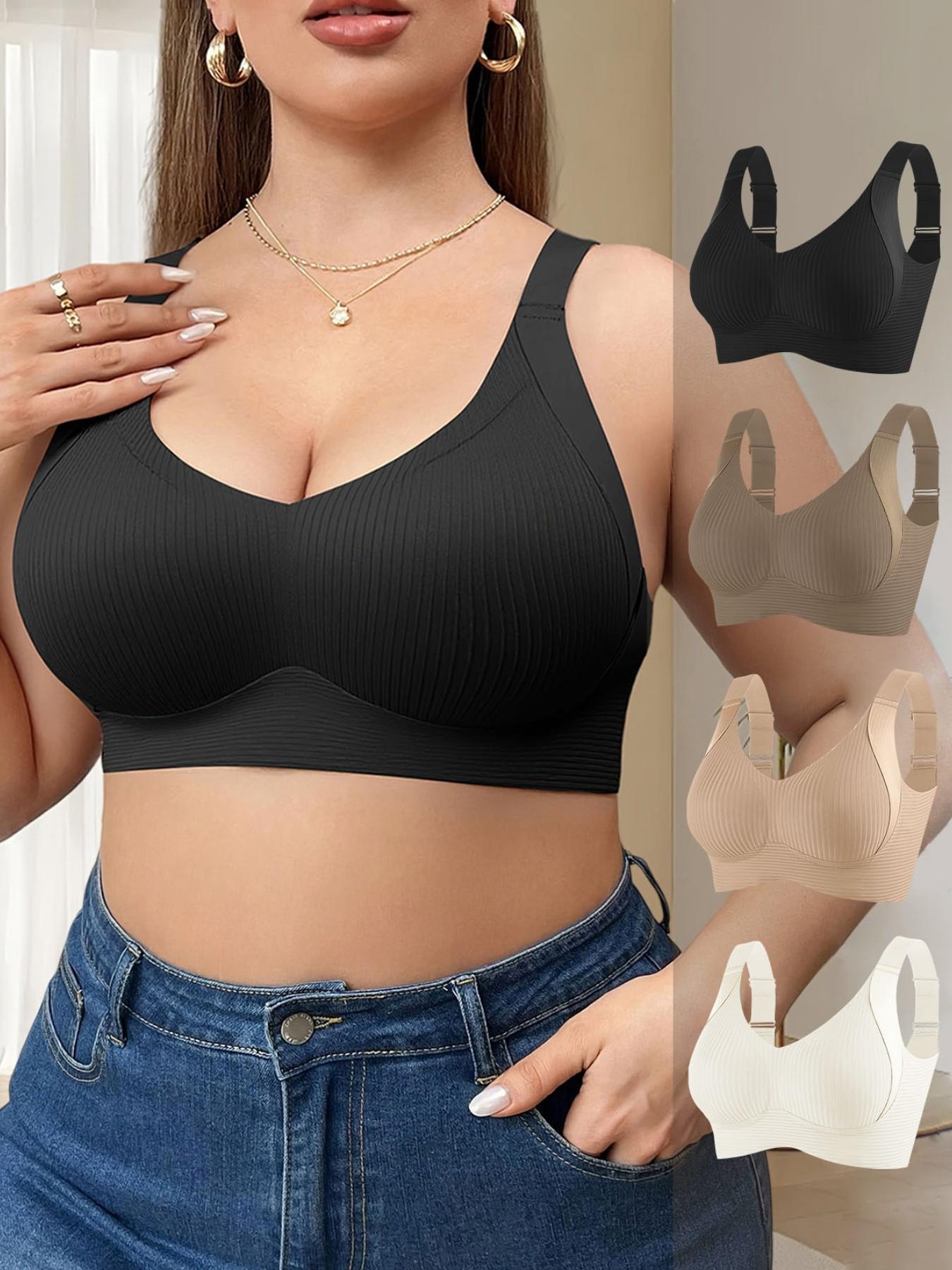 Plus Size Women's Full Coverage Adjustable Bra Set, Anti-Sagging, Seamless Side Support, Suitable for Large Busts, 4 Piece Pack