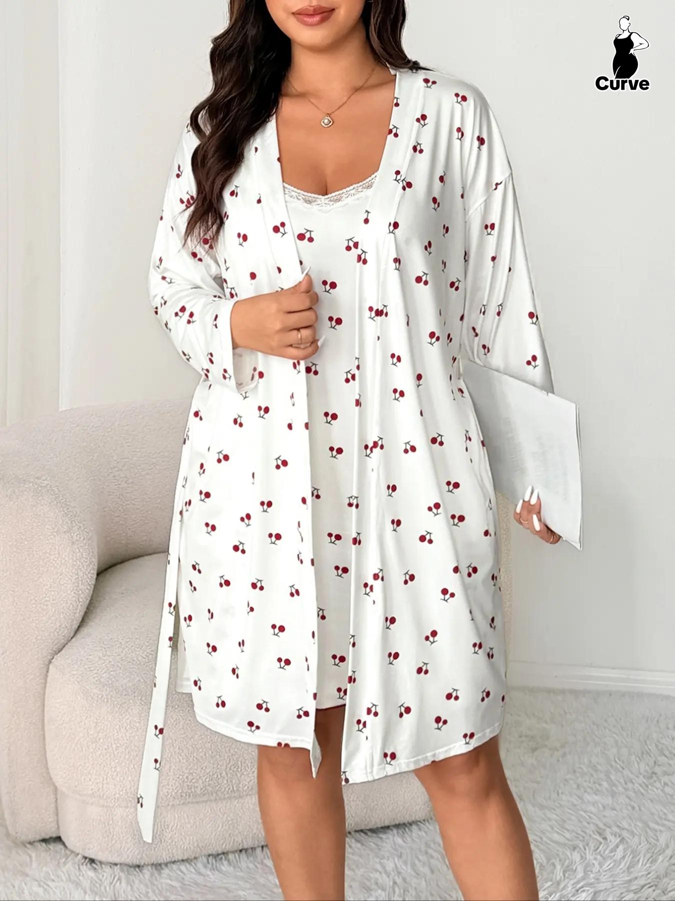 Plus Size Cherry Floral Lace Halter Dress + Long Sleeve Sleepwear Set, Sweet Casual Home Wear, Fitted Summer