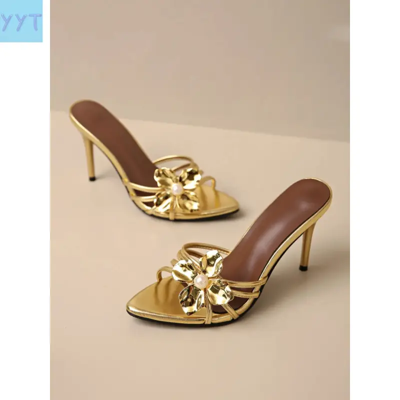 YYT1 Stylish Female Open Toe Heel Shoes - Cute Sandals with Floral Pearl Design, Comfortable Thin Heels for Beach Party Use (Sports & Outdoor Accessories Compatibility), Shoe, Female Shoes