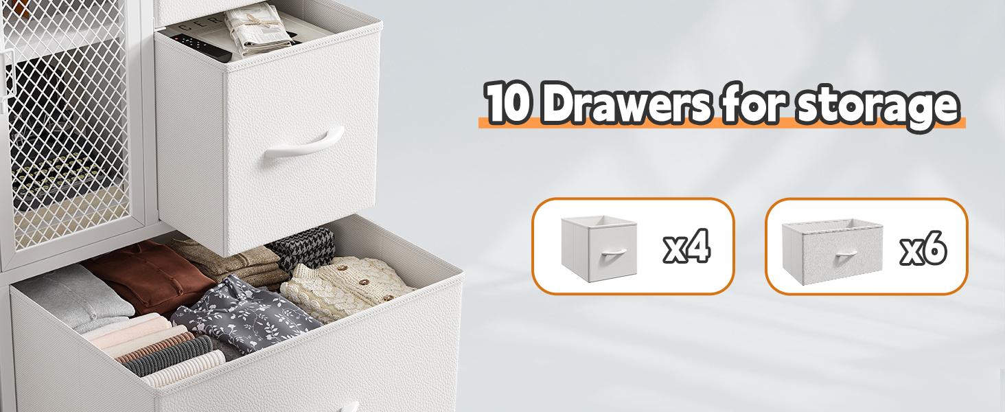 Raybee  Dresser for Bedroom with Mesh Door, with 10 Fabric Drawer ,Metal Frame,Wood Top,for Closet,Entryway,Living Room