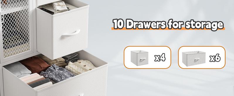 Raybee  Dresser for Bedroom with Mesh Door, with 10 Fabric Drawer ,Metal Frame,Wood Top,for Closet,Entryway,Living Room