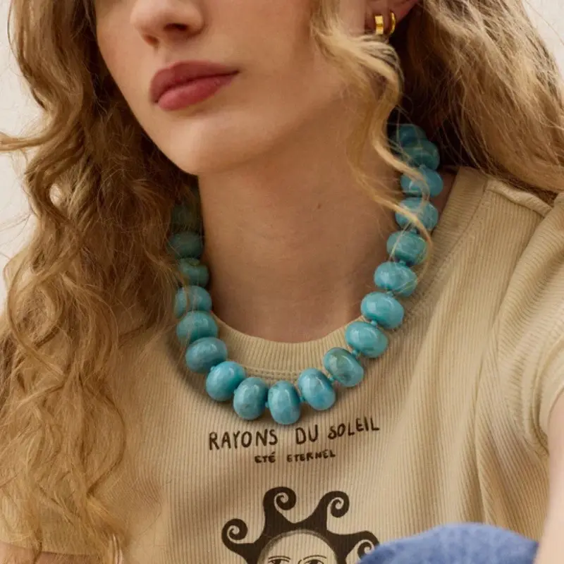 Chunky Turquoise Beaded Necklace for Women, Boho Large Irregular Stone Choker Necklace, Vintage Statement Collar Necklace, Bohemian Layered Jewelry for Party Vacation Daily Casual Wear