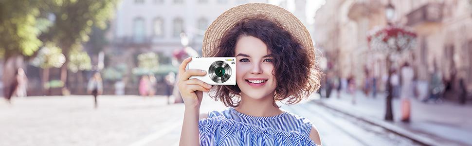 Pocket Digital Camera, 4K Autofocus Vlogging Camera with Flash, 48MP Point and Shoot Digital Camera with 16X Zoom, Anti-Shake, 32GB Card, Portable Compact Camera for Teens Adult Beginner (White)