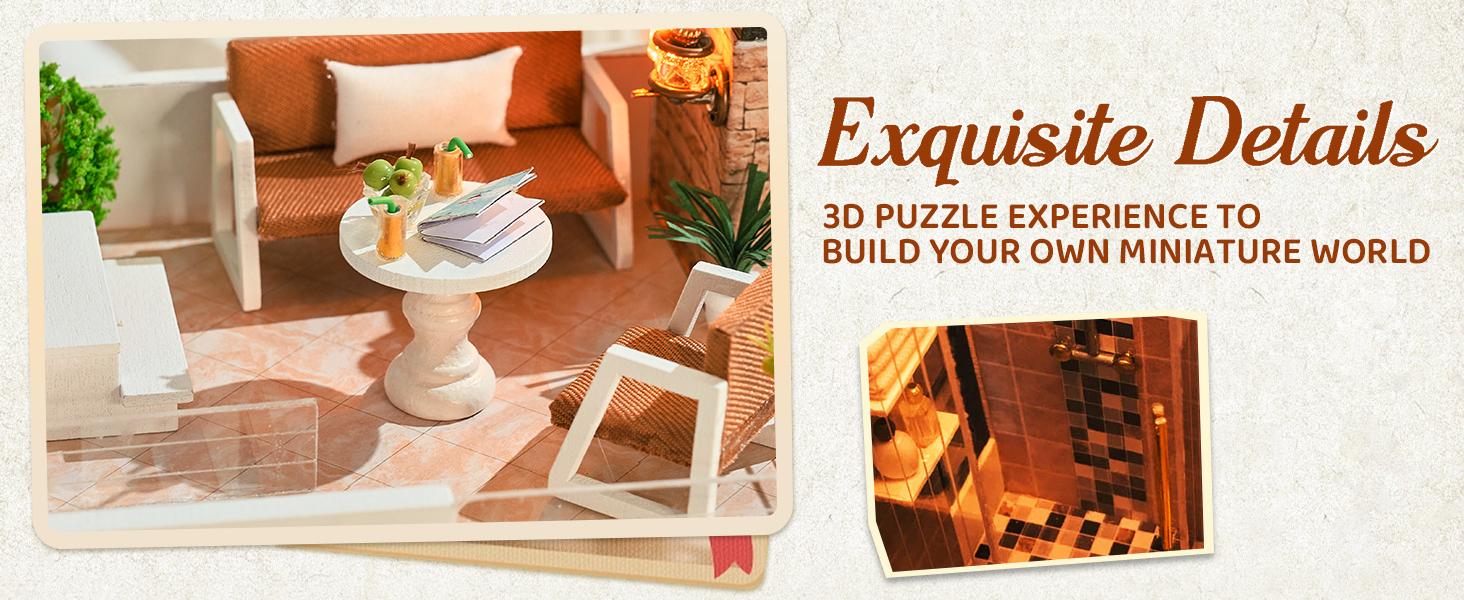 Spilay Laser Cut DIY Wooden Miniature Dollhouse Kit for Adults, Crafting Handcraft Mini-Architecture Building Block Toy with Warm Light, Music Box, Detailed Furniture & Bookshelf Decor Gift Option