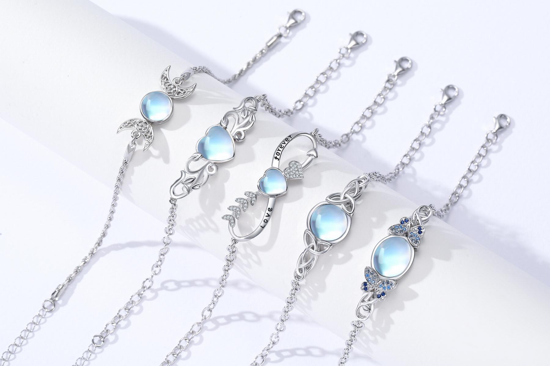 DRINSPER Moonstone & 925 Sterling Silver Elegant Bracelet, Hecate Triple Moon Goddess Bracelet, Artificial Moonstone, Pagan Wiccan Amulet Bracelet, Artificial Moonstone,Fashion Celtic Knot Crescent Moon,Elegant Jewelry Accessory for Women Girlfriend Girls