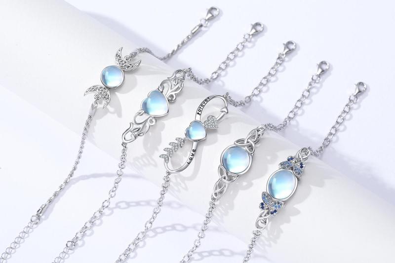 DRINSPER Moonstone & 925 Sterling Silver Elegant Bracelet, Hecate Triple Moon Goddess Bracelet, Artificial Moonstone, Pagan Wiccan Amulet Bracelet, Artificial Moonstone,Fashion Celtic Knot Crescent Moon,Elegant Jewelry Accessory for Women Girlfriend Girls