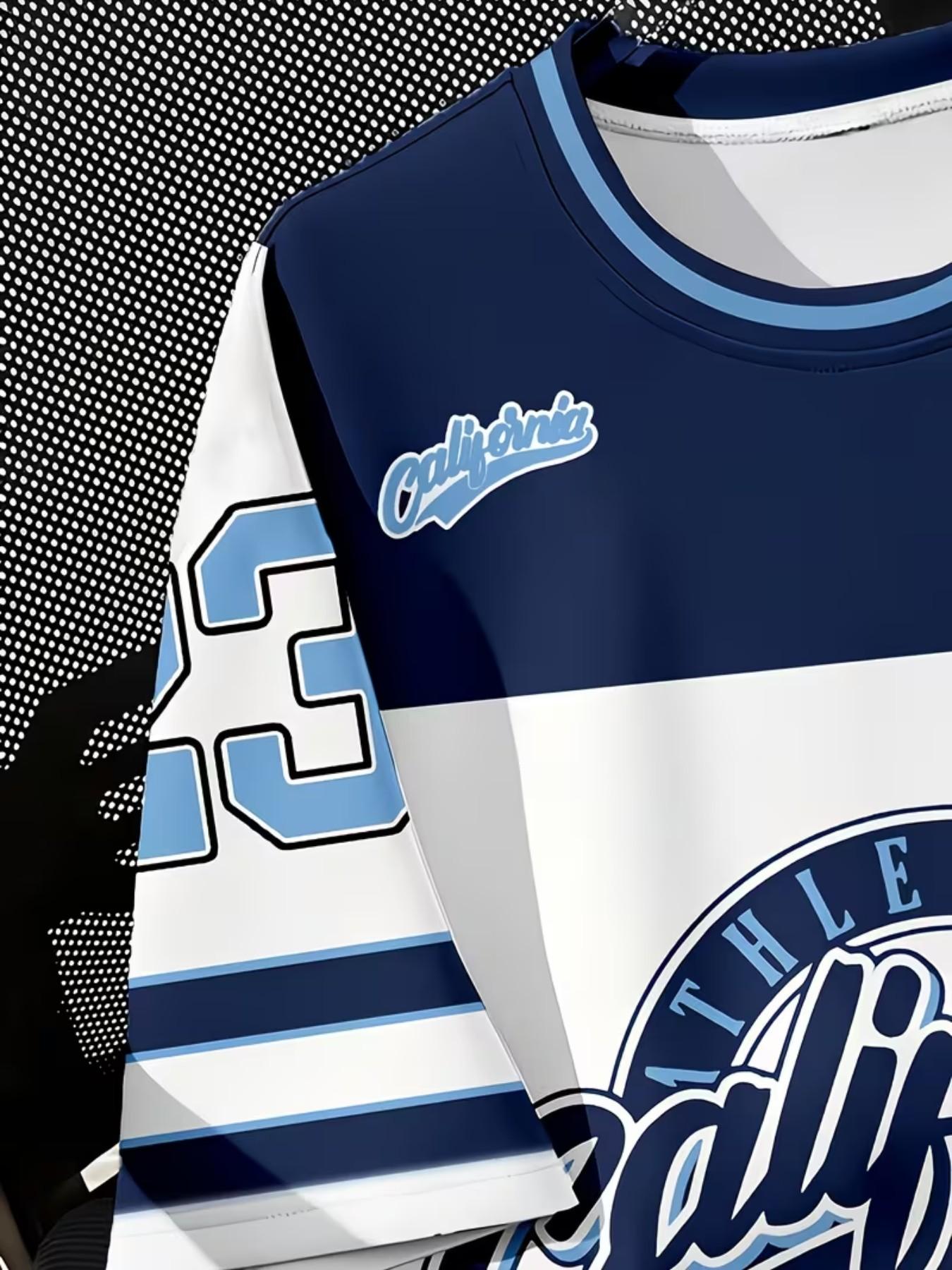 Short Sleeve T-Shirt, Sporty Retro Style, Line Neckline, C Logo, 1987 Sport Division, Blue Stripes, Casual Wear