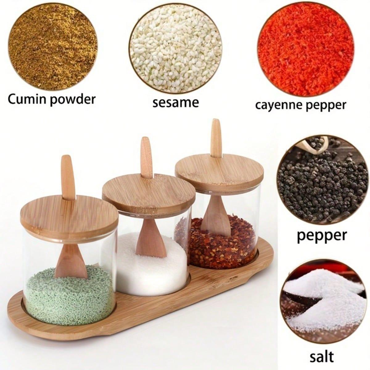 Glass Spice Containers Set with Wooden Base, Includes Spoon, Ideal for Storing Spices Salt Sugar, Kitchen Storage Organizer