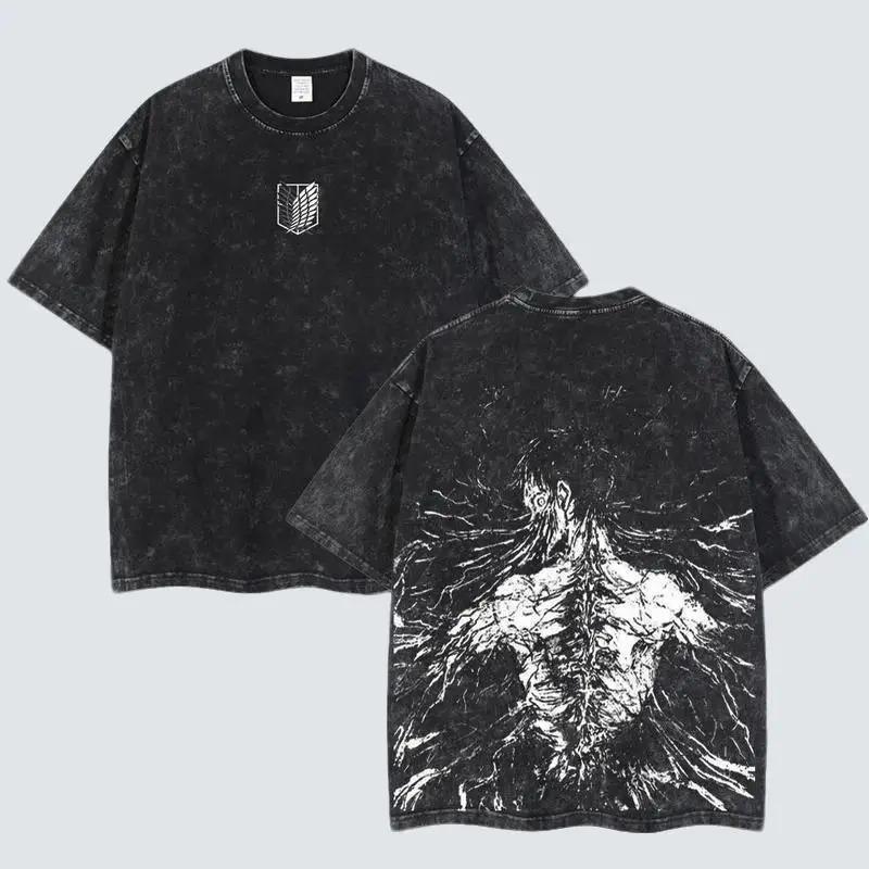Retro Vintage Limited The Founding Titan Eren Yeager Atack On Ttan Anime Double Printed Washed Tee Unisex Oversize Anime Manga Acid WashedLightweight cotton T-Shirt
