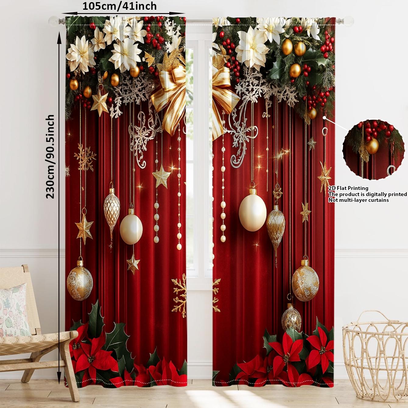 Christmas Theme Curtains Set, Window Curtain, Velvet Fabric with Gold Snowflakes & Colorful Balls, Festive Home Decor for Living Room Bedroom