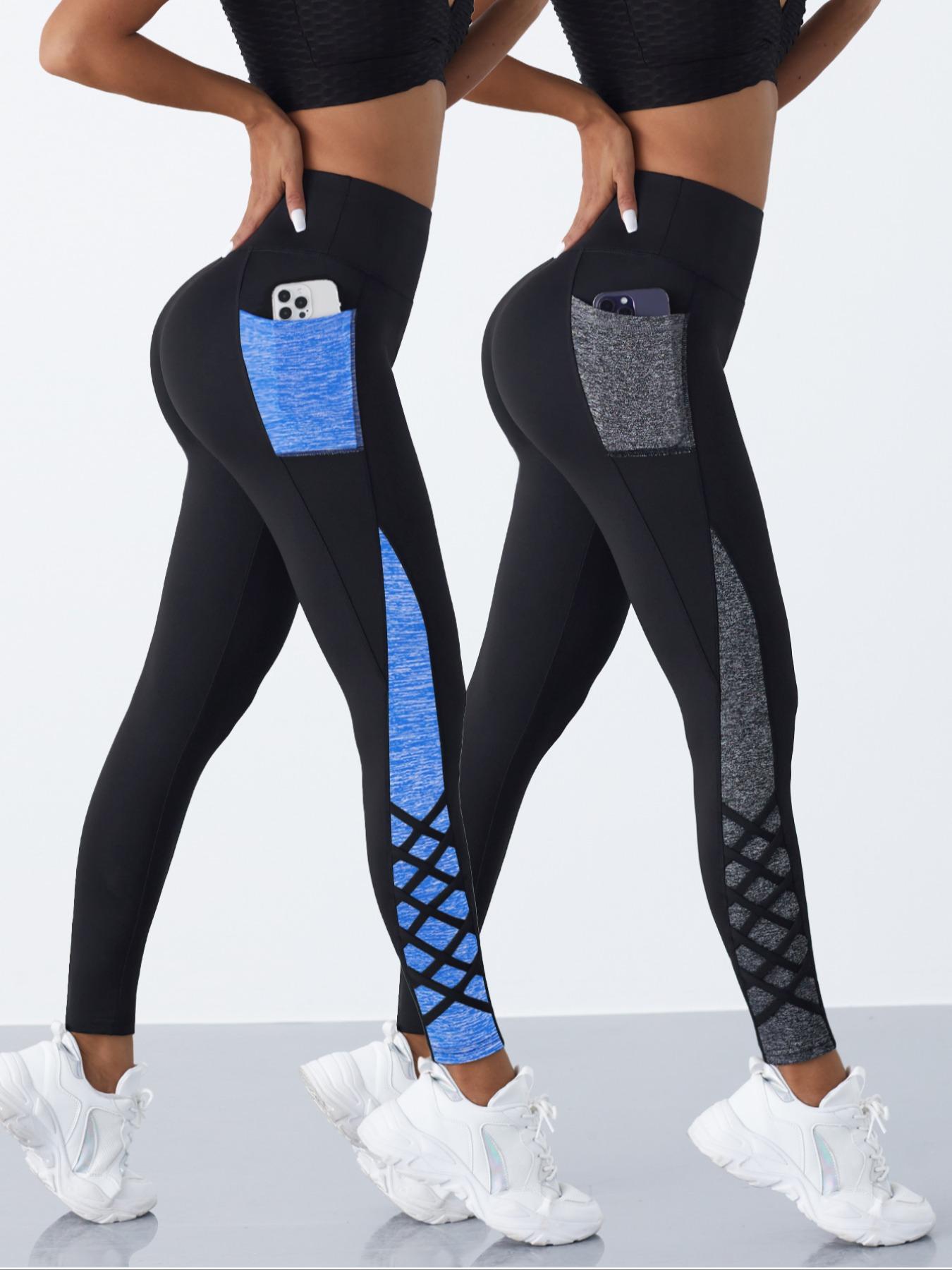 2 Pcs Crossover Straps Color Block Pocket Yoga Pants, Women's Sports Trousers, Suitable for All-seasons Wear, High Waisted Leggings