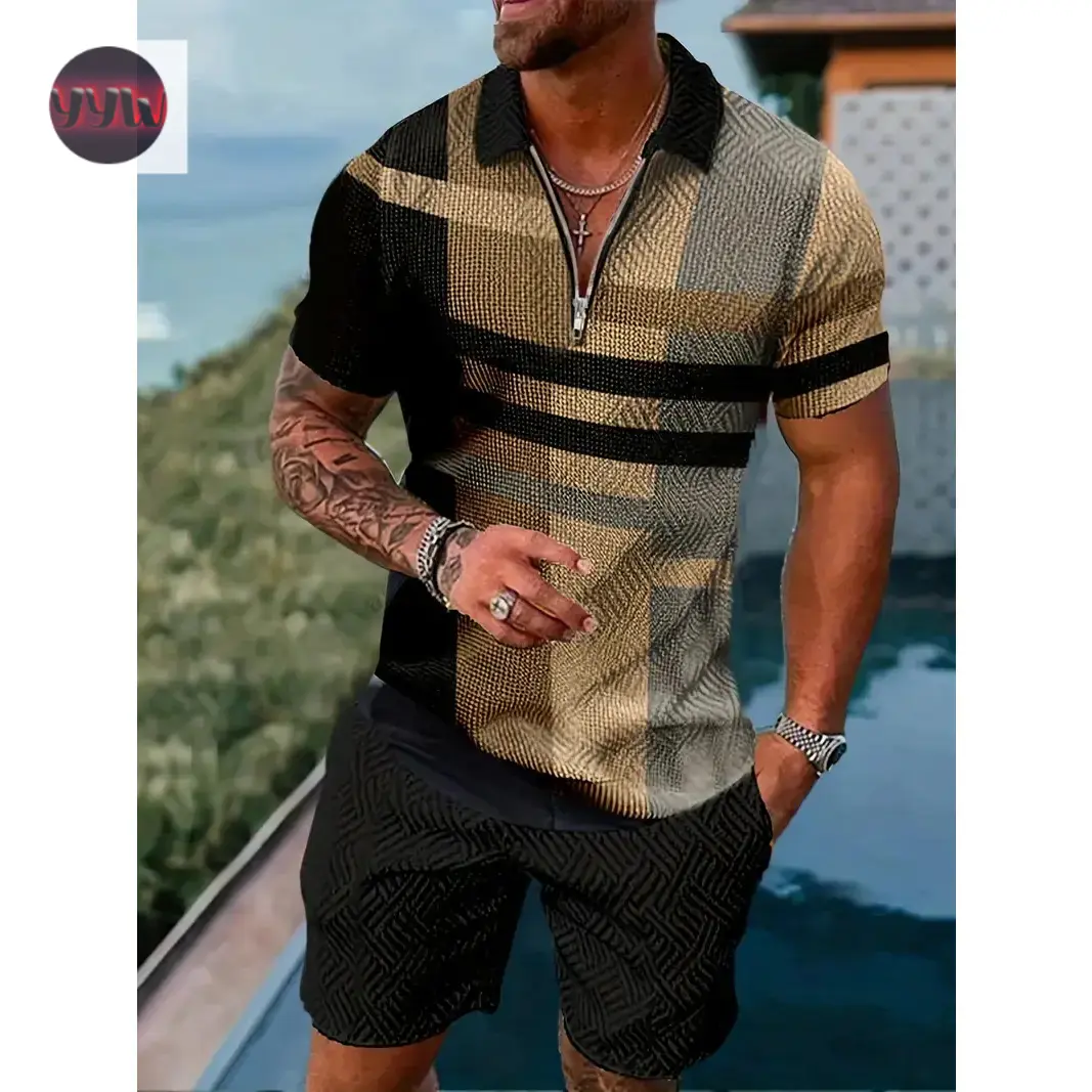 YYW1 Zipper POLO Shirt Shorts Set Fashion Casual Men's Set 3D Printed Simple Style Lapel Zipper POLO Shirt 2 Sets