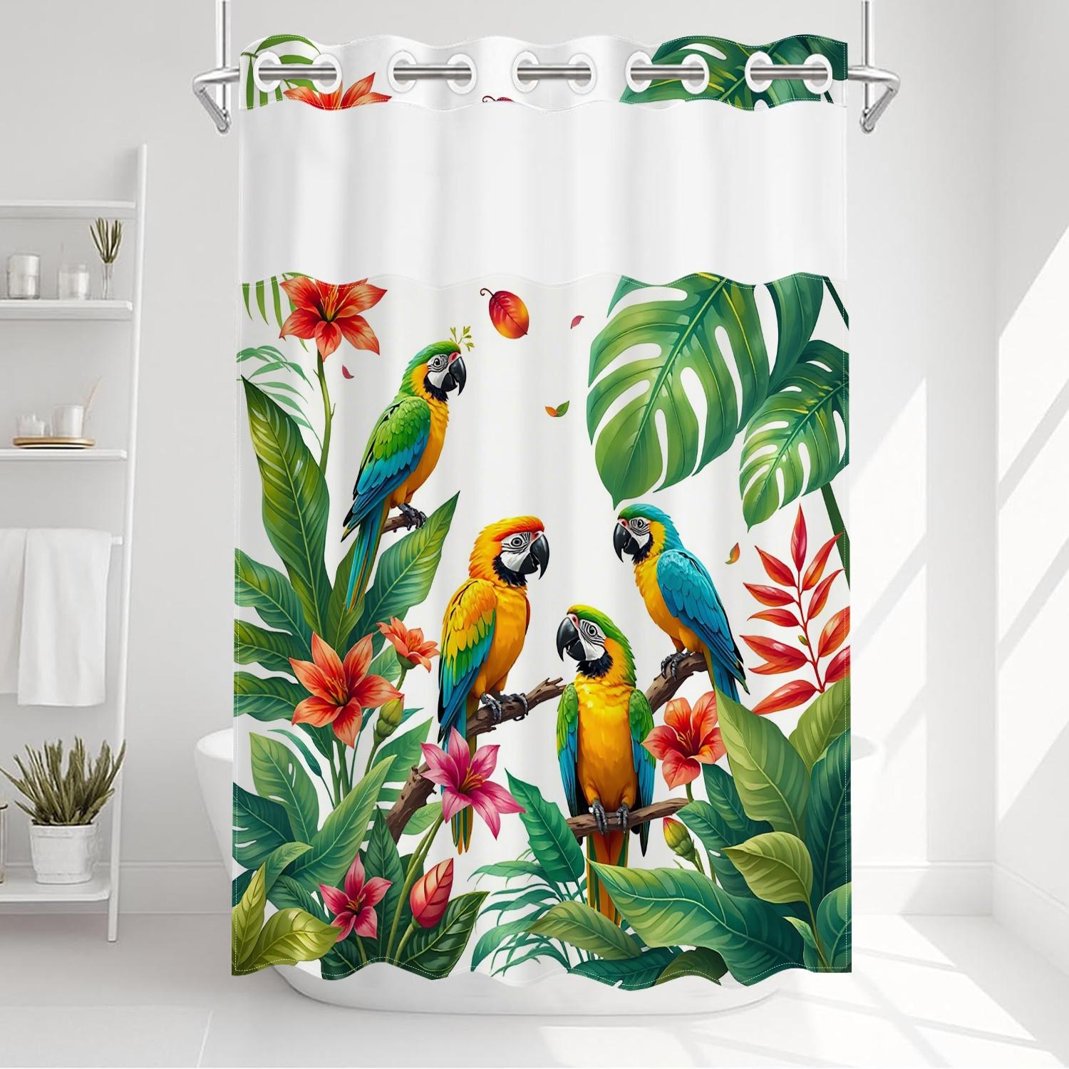 1PC double-layer large ring shower curtain, four parrots inhabit tropical plants, shower curtain, high-end quick drying hanging curtain, bathroom, curtain, waterproof, mildew proof curtain