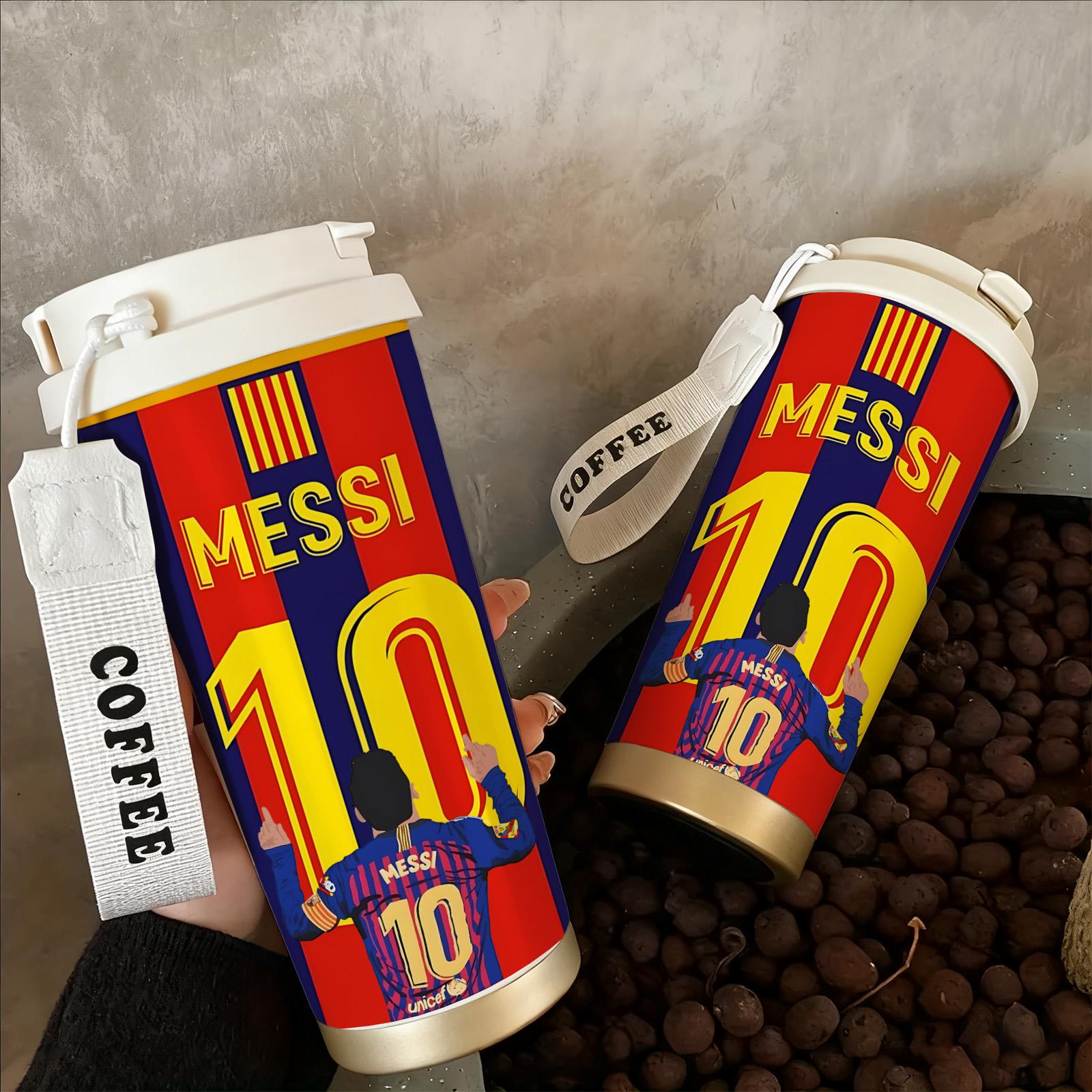 Auracup 18 oz Soccer Vacuum Tumbler, Messi 10 Design Double-Wall Stainless Steel Insulated Mug with Lid and Strap, Leak-Proof Skinny Portable Thermal Cup for Hot and Cold Drinks, Football Fan Coffee Travel Mug