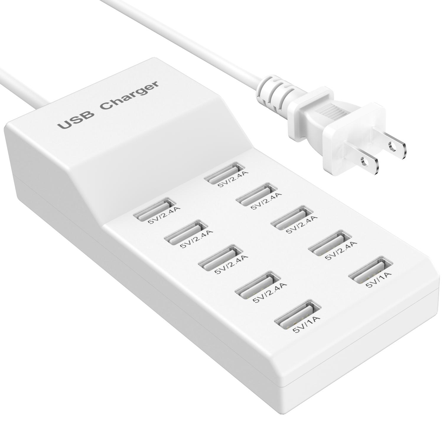 50W 10A USB Charger, 10-Port USB A Ports Desktop Charging Station, Multi Port Travel Fast Wall Charger HUB for Smart Phones, Tablet and More
