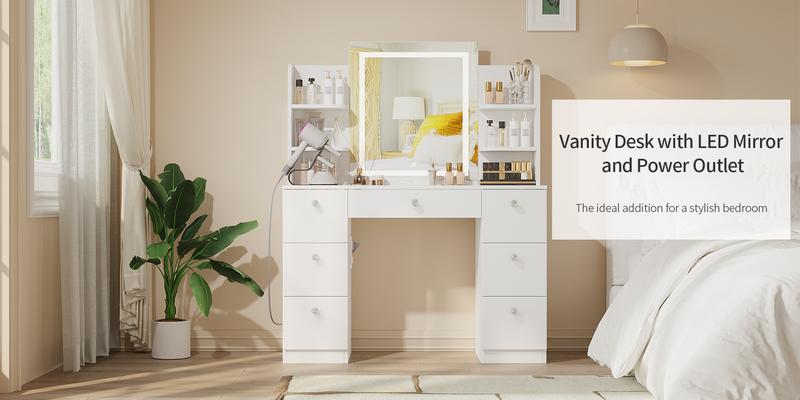 VOWNER Modern Makeup Vanity Table Set with Glass Top 3 Color LED Lighted Mirror 7 Drawers & Power Strip 43.3x16x55 Inches