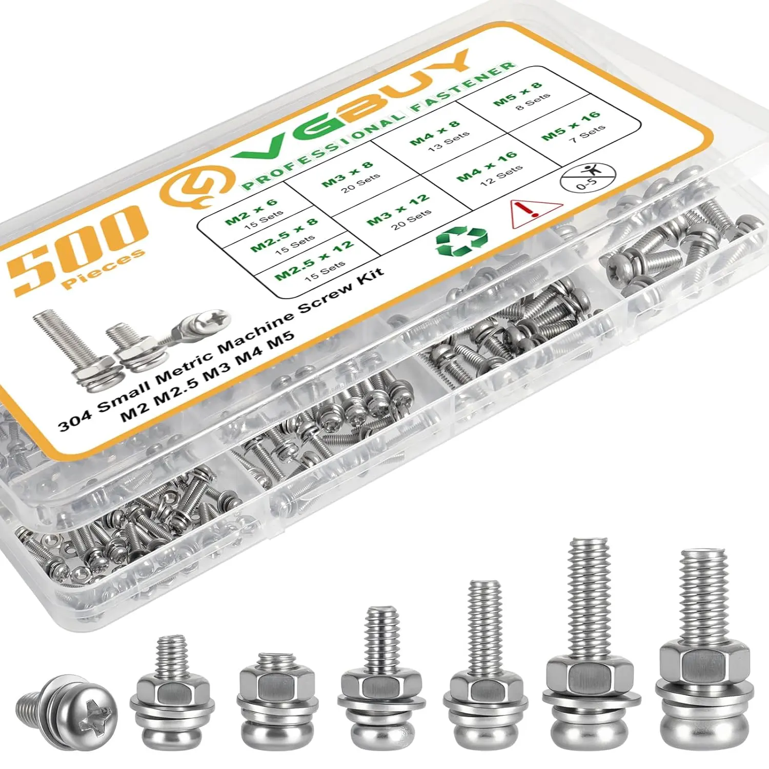 VGBUY 500Pcs Stainless Steel Nut and Bolt Assortment Kit, M2 M2.5 M3 M4 M5 Small Metric Machine Screws, Multipurpose Hardware Set for DIY Projects, Repairs, Electronics