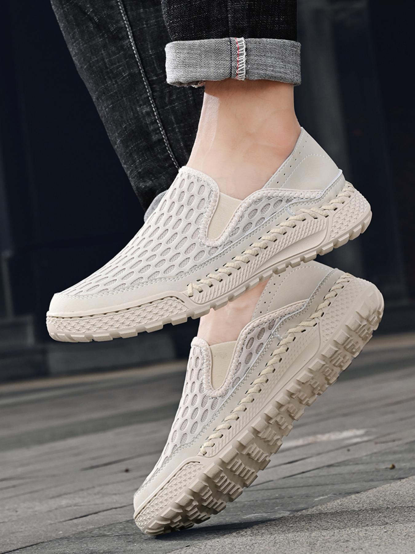 Men's Solid Color Mesh Breathable Slip-On Loafers, Soft Sole Anti-Slip Hand-Stitched Walking Shoes, Lightweight Casual Dad Shoes