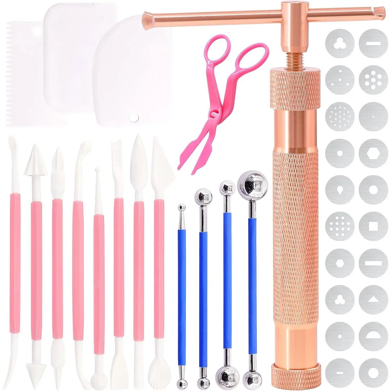 37Pcs Stainless Steel Clay Extruder Set, Sugar Paste Extruder Cake Fondant Decorating Tool Kit with Discs Scraper for Cake Decor Modeling Craft Baking