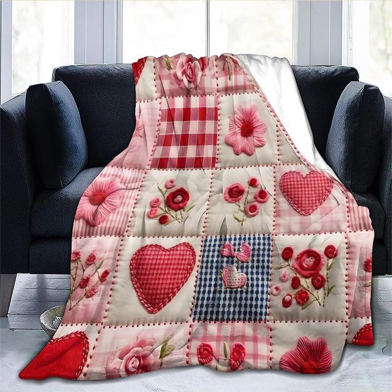Valentine's Day Heart Plaid Digital Print Flannel Blanket, Soft Comfortable Sofa Bed Throw, Office Nap Shawl, Outdoor Sports Multi-Purpose Blanket