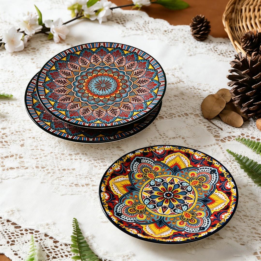 2-Piece 8.07-Inch Ceramic Plate Set, Boho Style Kitchen Diningware, Creative Home Tableware, Fruit Bowl, Steak Plate, Shallow Round Plates