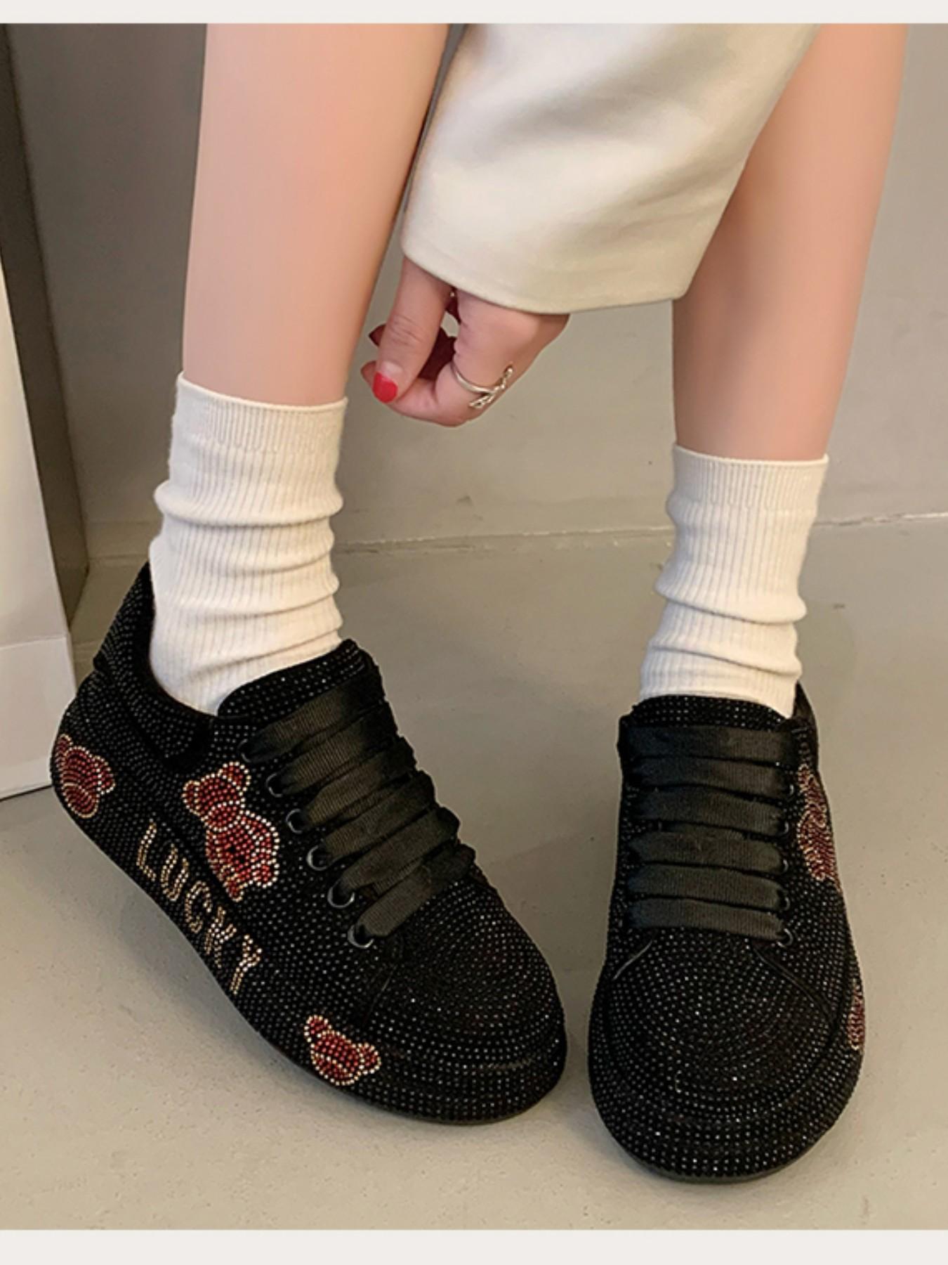 Full Diamond Thick Sole Sport Casual Shoes, Unique Design Handmade Embellished Luxury Thong Dad Sneakers, Party Banquet Multi-Scene Cool Women's Shoes