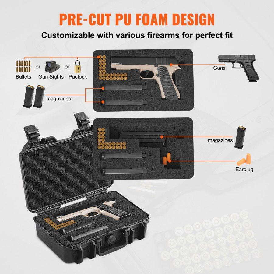VEVOR Hard Pistol Cases with Pre-cut PU Foam, Waterproof Dustproof Hard Gun Case for 1 Pistol, 12.59×9.01×4.4 in Lockable Pistol Case, Black