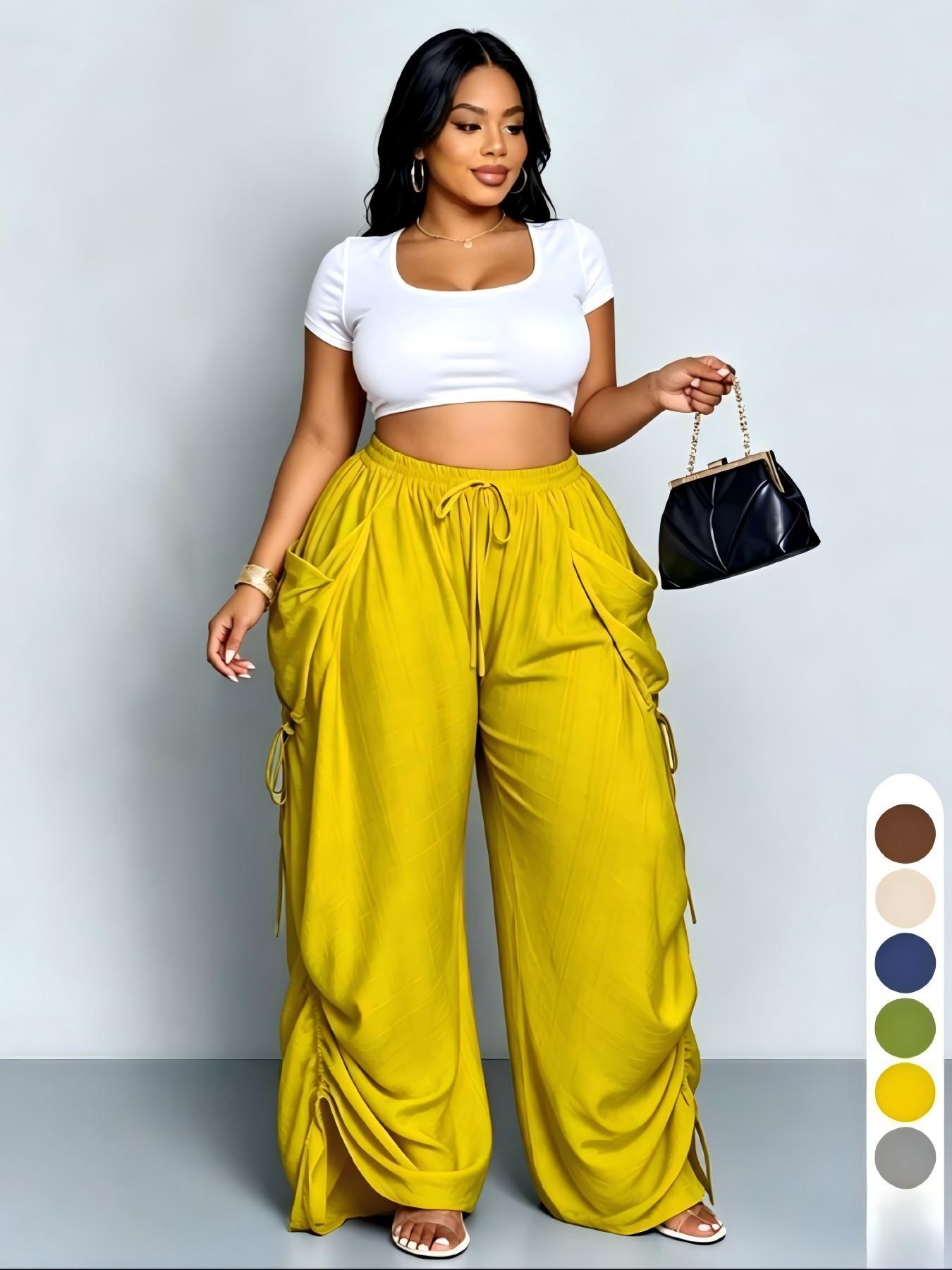 Women's Harem Pants, Casual High-Waisted, Medium Stretch, Thin Fabric, Drawstring Waist with Pockets, Versatile Street Style, Streetwear, Bottom, Casual Elastic Waisted