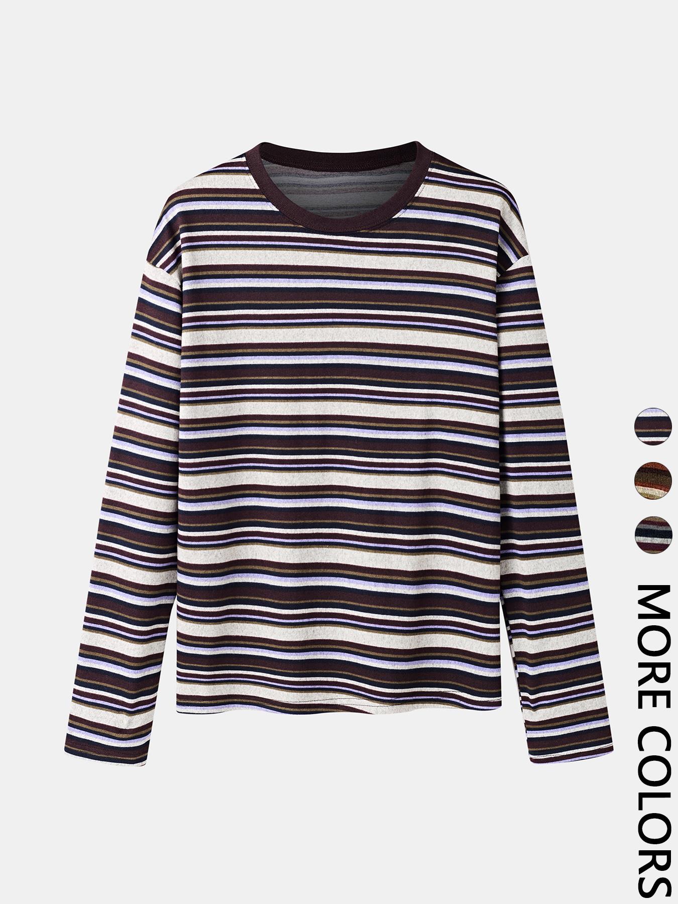 Women's Casual Striped Long Sleeve T-Shirt, Comfortable Cotton Tee for Daily Wear, Stylish Ladies' Top for Spring & Fall Seasons