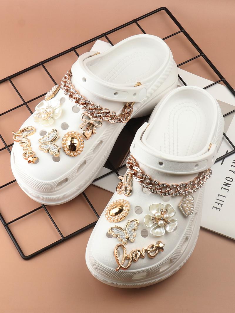 14pcs Fashionable Rhinestone & Letter Decorated Shoes Decorations, Chain & Bowknot Design Shoes Charm Rhinestone Shoes Charms For Vented Clogs Decoration