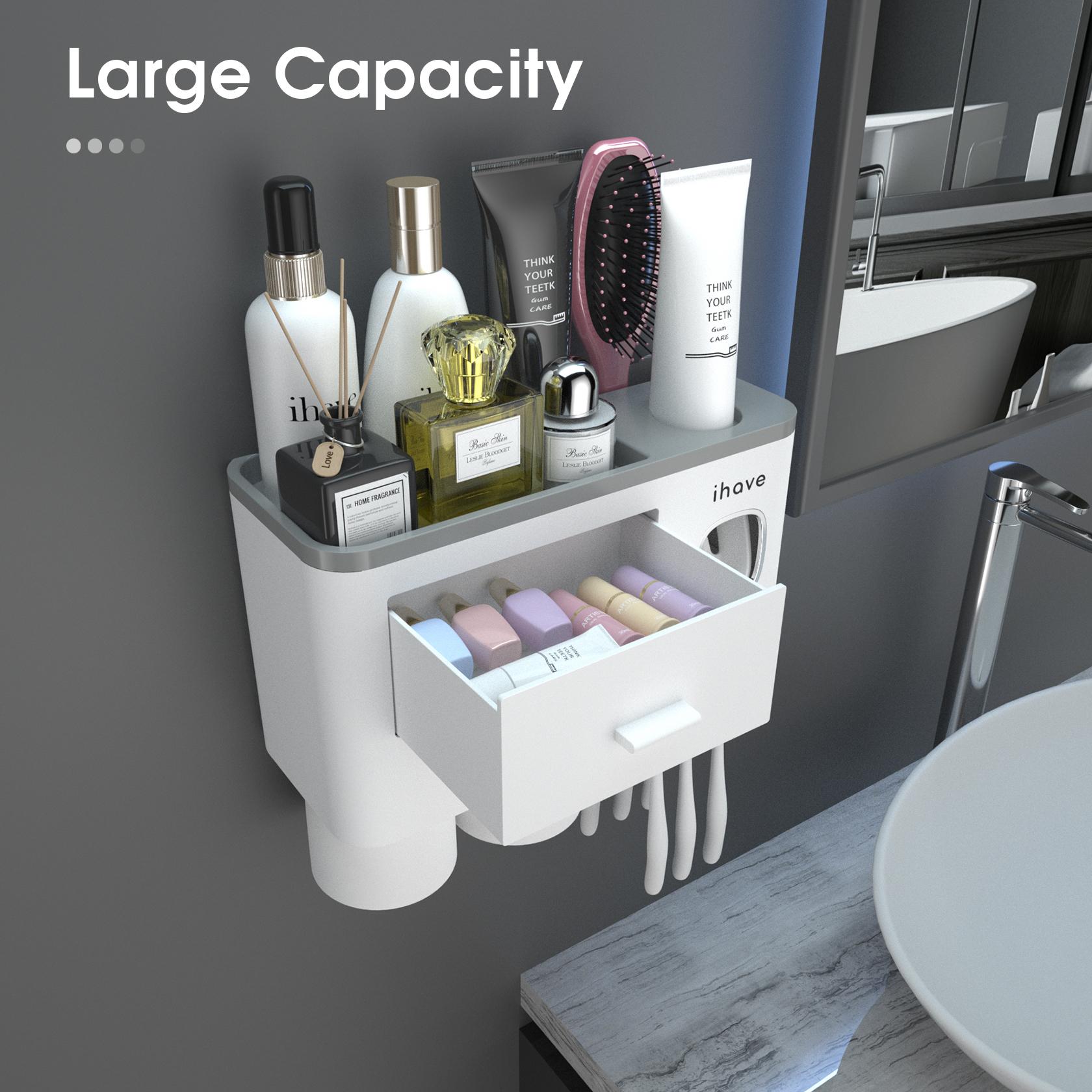 iHave Toothbrush Holders for Bathrooms, 2 Cups Toothbrush Holder Wall Mounted with Toothpaste Dispenser - Large Capacity Tray, Cosmetic Drawer - Bathroom Decor & Bathroom Accessories iHave Toothbrush Holders for Bathrooms, 2 Cups Toothbrush Holder Wall Mounted with Toothpaste Dispenser - Large Capacity Tray, Cosmetic Drawer - Bathroom Decor & Bathroom Accessories