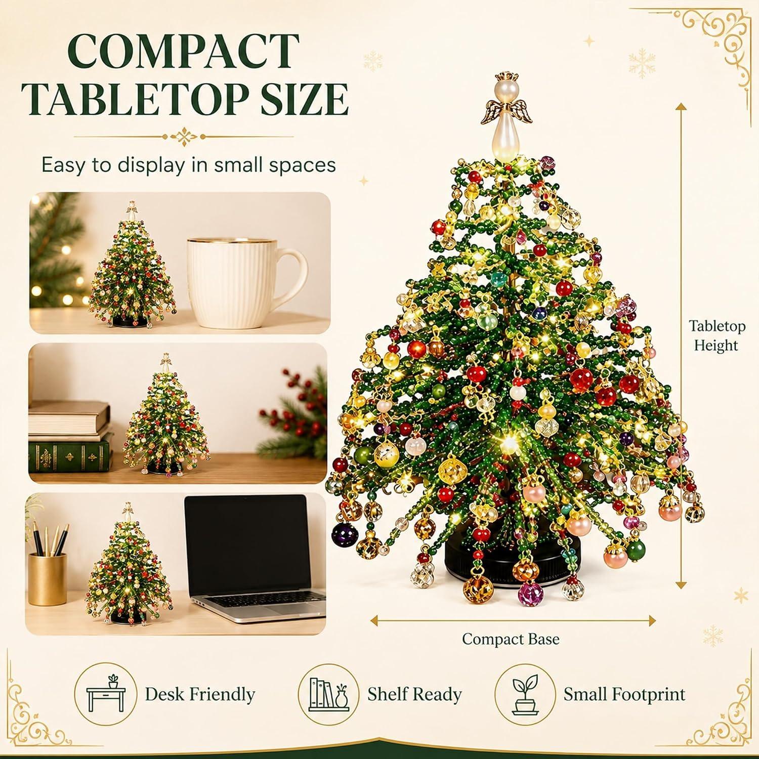 Mini Beaded Desktop Christmas Tree Craft Kit with Colorful Pearls, DIY Small Christmas Tree Decor, Home Office Holiday Centerpiece
