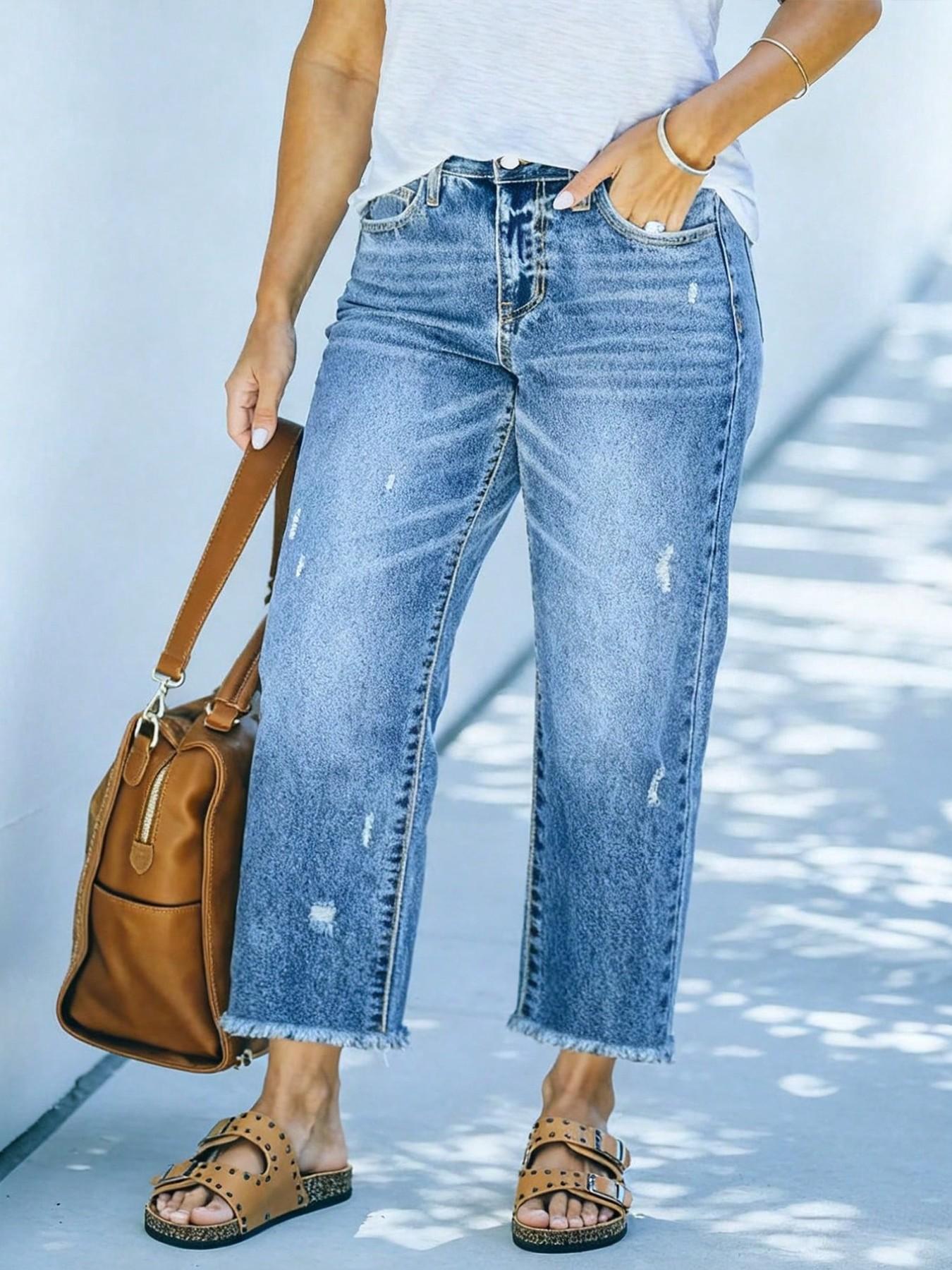 Women's Plus Size Mid-Waist Ripped Jeans, American Vintage Washed Edge Design, Casual Daily Wear, Loose-Fitting, All Seasons