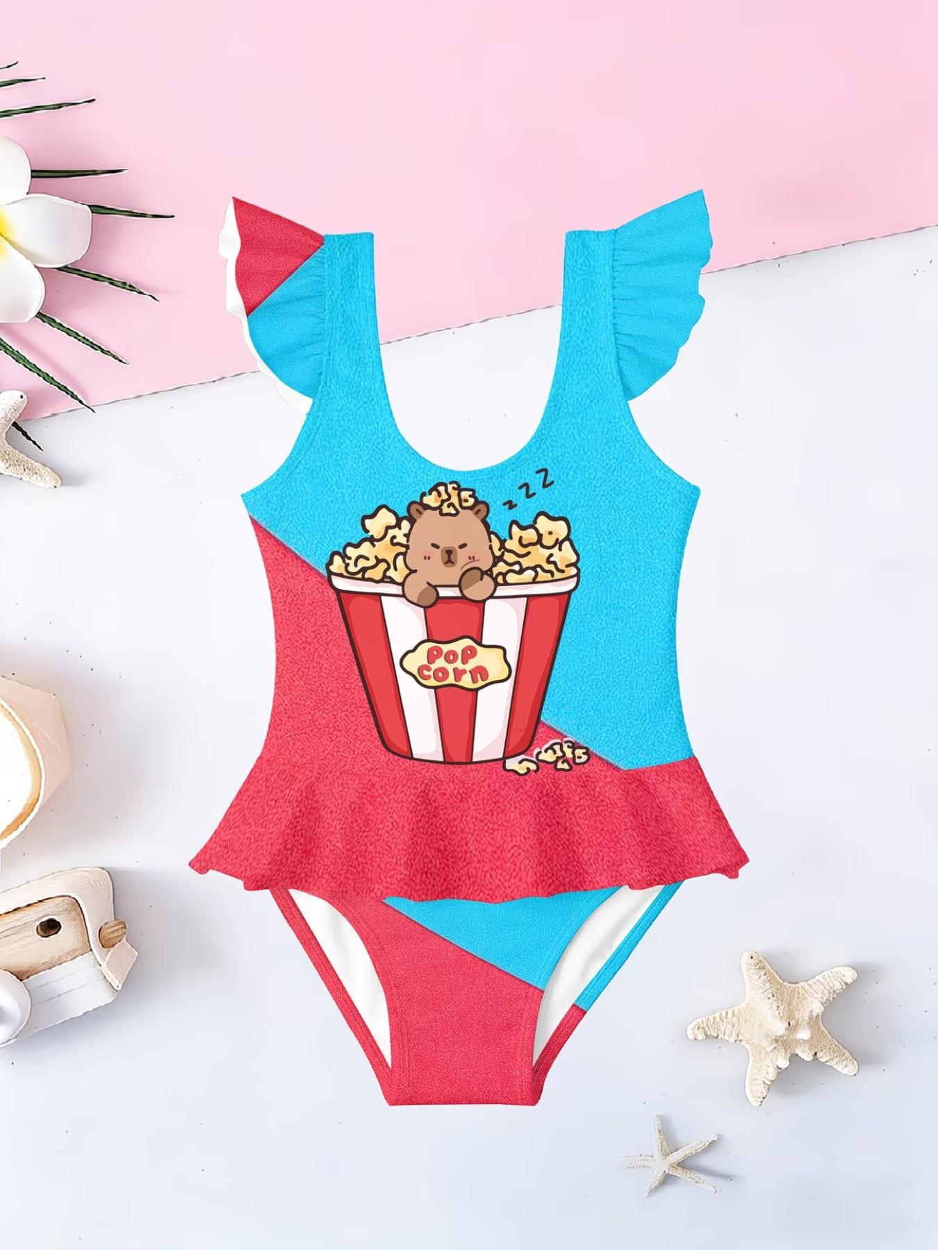 Girls' Capibara Pattern Jumpsuit, Cute Cartoon Print, Ruffled Quick-Dry Swimwear, Fashionable Beach Party, Sporty Slim-Fit