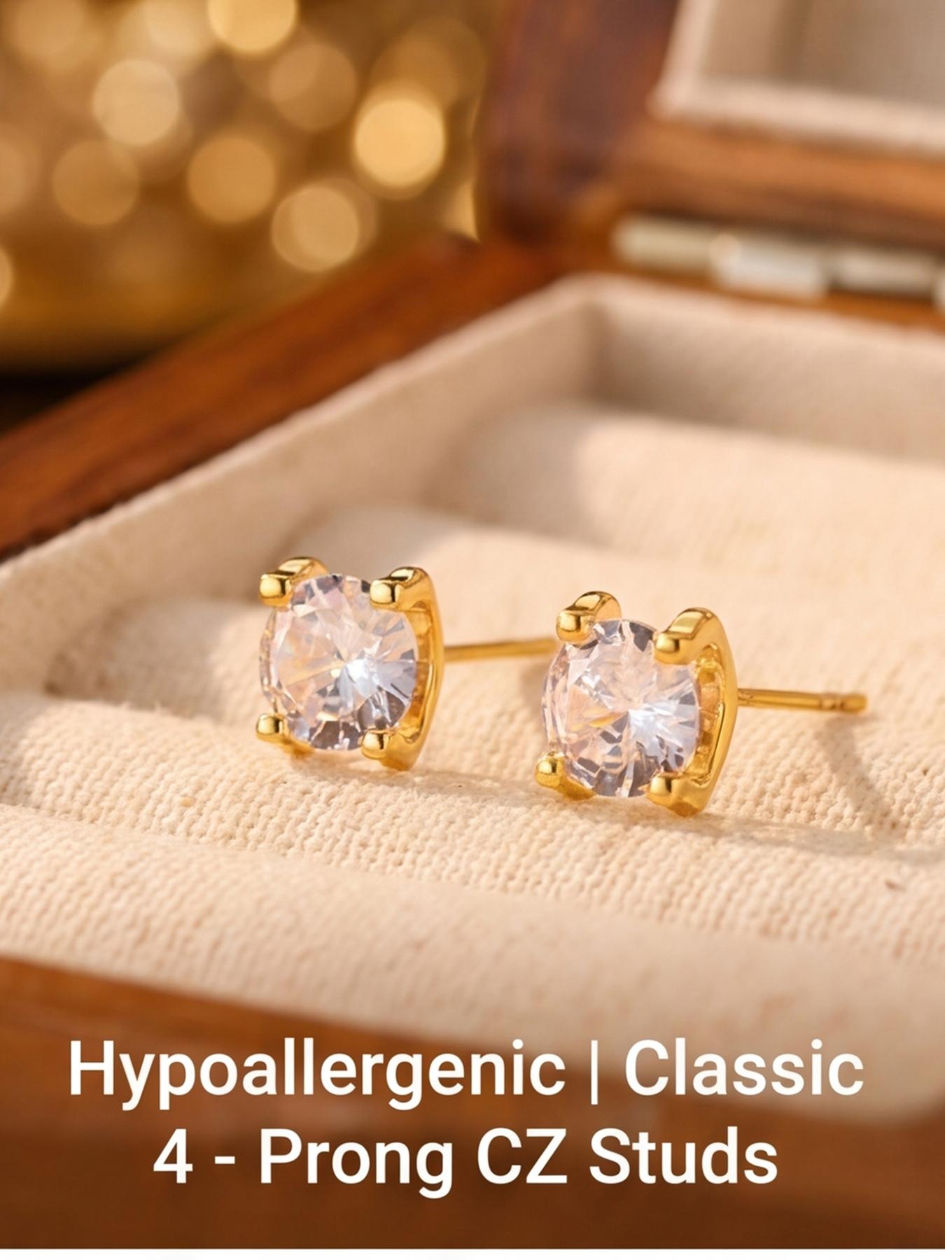 Women's Hypoallergenic Classic 4-Prong Round Cut Clear Crystal Stud Earrings, Gold Plated Solitaire CZ Diamond Stud Earrings, Timeless Minimalist Fashion Jewelry for Everyday Wear Office Wedding & Gift