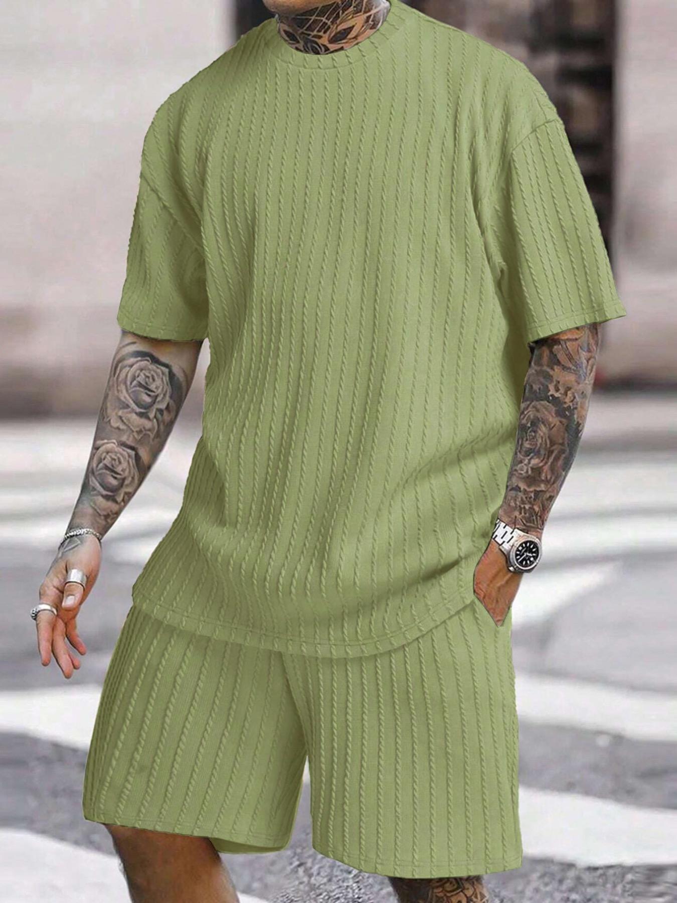 Men’s Streetwear 2-Piece Set – Soft Textured Knit Oversized Tee & Drawstring Shorts, Casual Summer Outfit