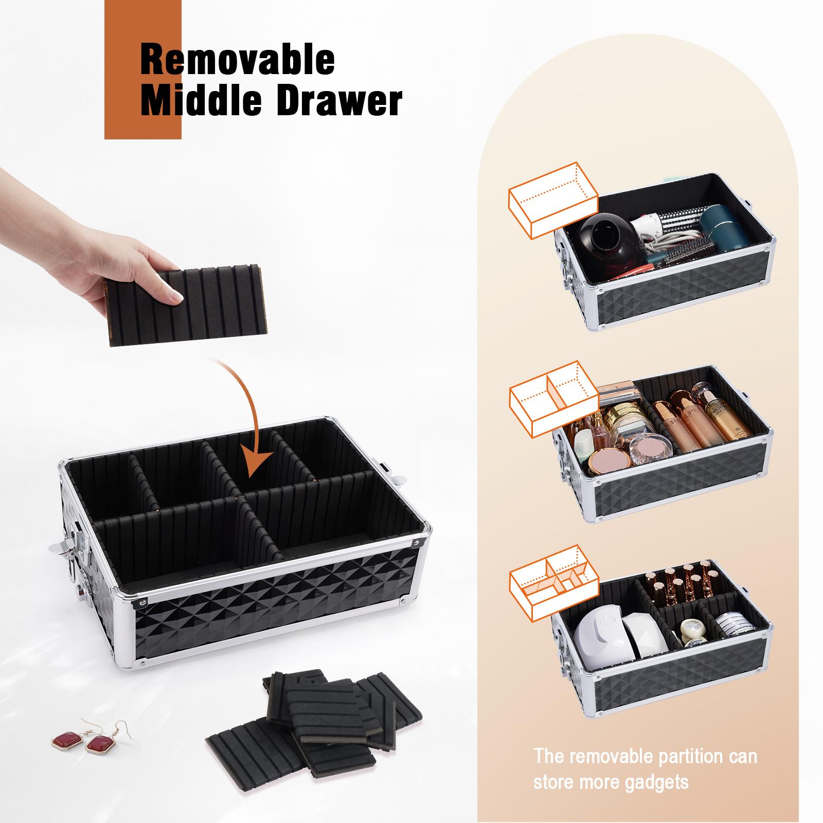 3 in 1 Rolling Makeup Train Case Large Cosmetic Trolley Salon Barber Case for Make Up Hairstylists Nail Tech Aluminum Makeup Trolley Case