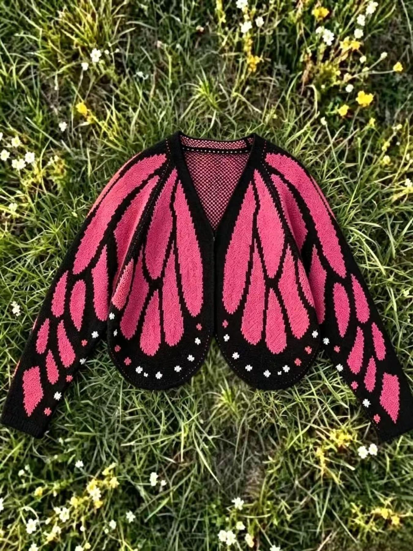 Women's Trendy Butterfly Wings Knit Cardigan, Front Open V Neck, Bat Sleeve Short Design, Casual Fashion Knitwear Knit Coat for Vacation Parties, Baggy